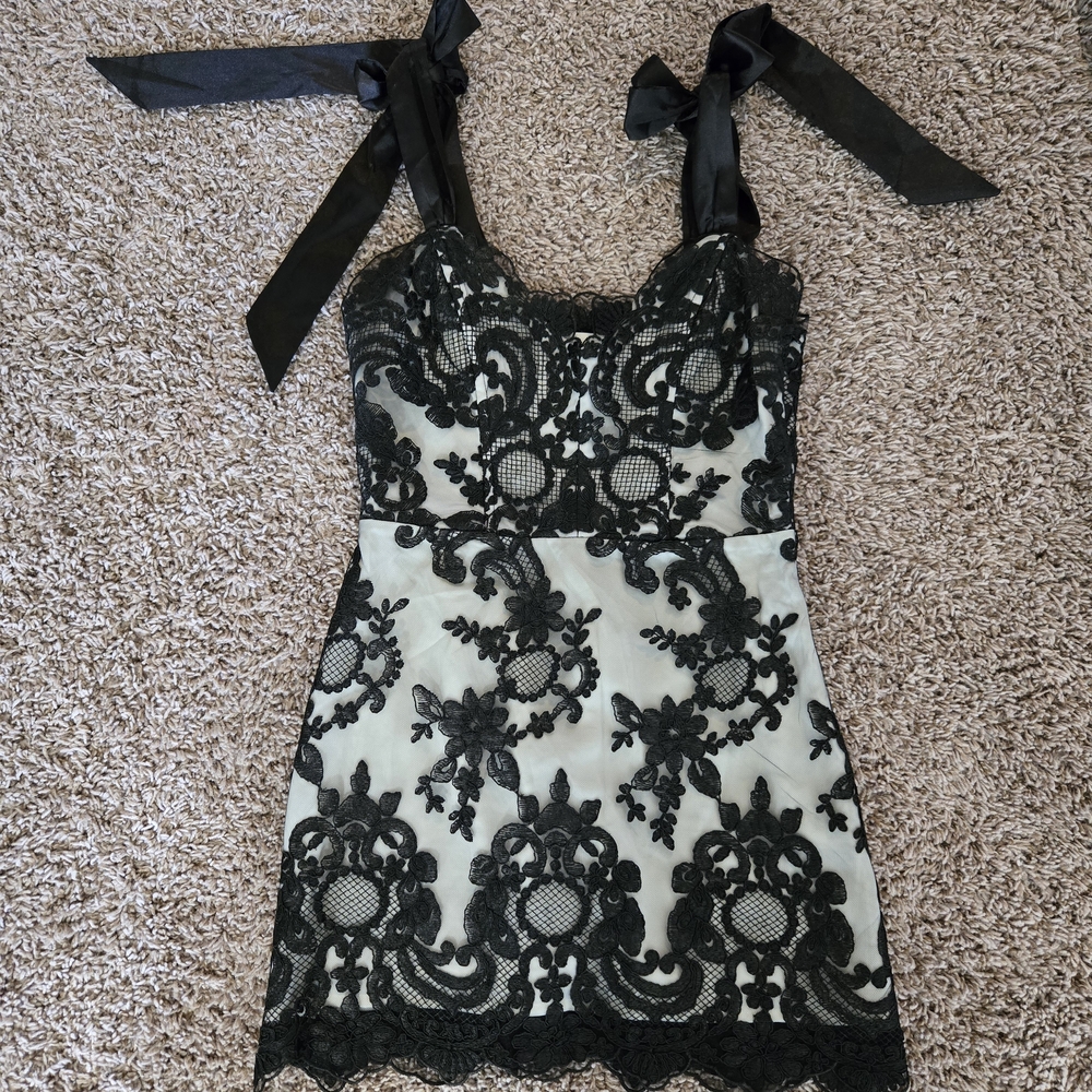 Dolls Kill Unholy Black and Cream Lace Mini Dress With Skirt